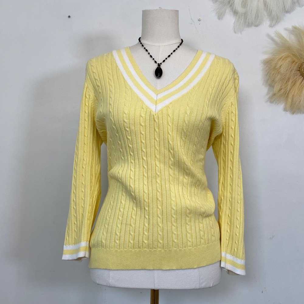 Chaps Womens V Neck Tennis Sweater Size L Varsity Prep Cable Knit Butter Yellow